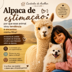 Alpaca de estimação que virou tendência na internet, em capa do blog Cantinho de Acolher com menina, alpaca e cachorro branco.