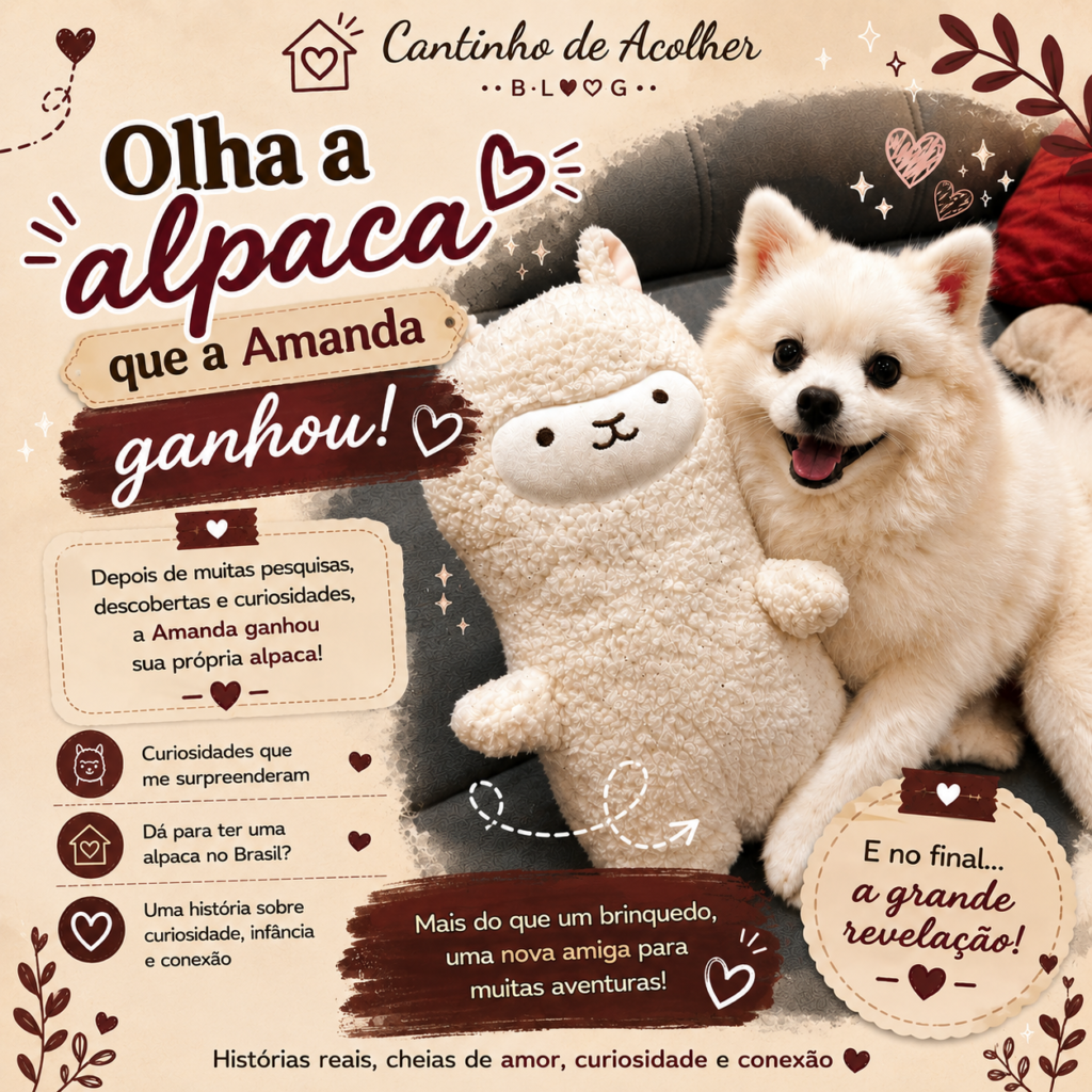 Alpaca de pelúcia da Amanda ao lado do Steve, cachorro Spitz Alemão branco, no blog Cantinho de Acolher