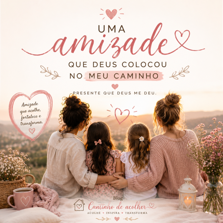 Duas mães e duas meninas sentadas juntas ao pôr do sol, representando uma amizade que Deus colocou no caminho.