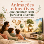 Família assistindo animações educativas para crianças, com elementos de história, natureza e aventura saindo da TV.