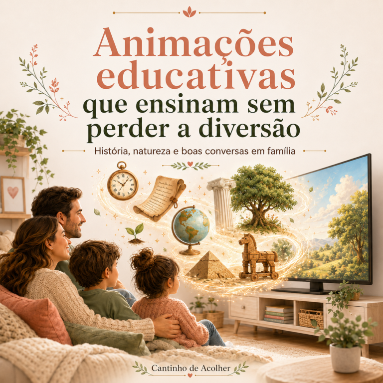 Família assistindo animações educativas para crianças, com elementos de história, natureza e aventura saindo da TV.