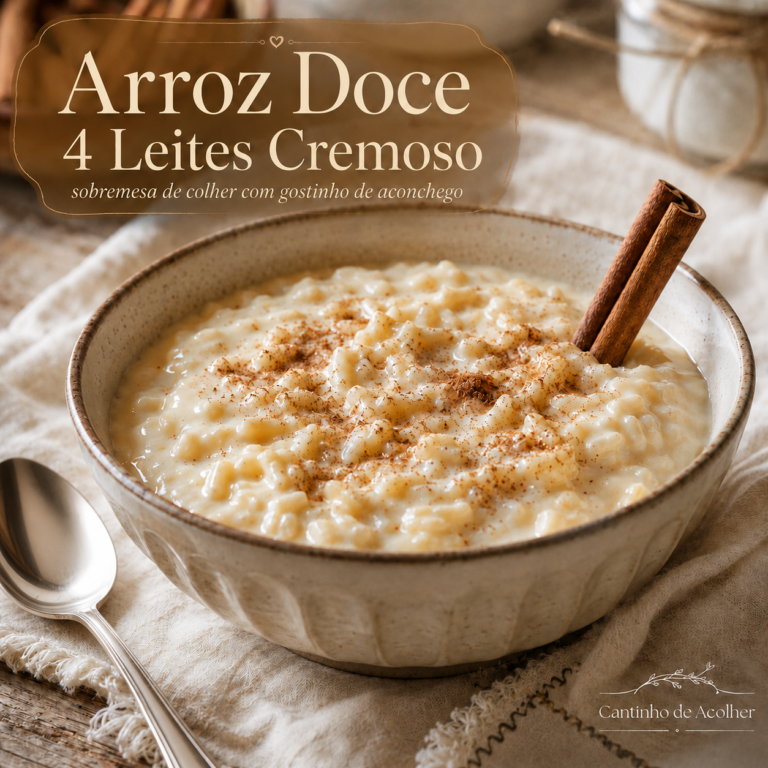 Arroz doce 4 leites cremoso servido em uma tigela com canela em pó, em uma composição acolhedora do blog Cantinho de Acolher.