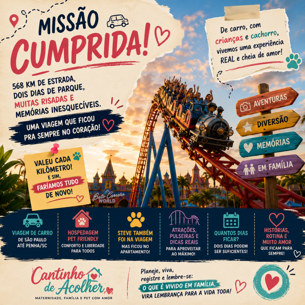 Arte final do artigo sobre viagem ao Beto Carrero com crianças e cachorro, destacando missão cumprida, memórias em família e passeio de carro.