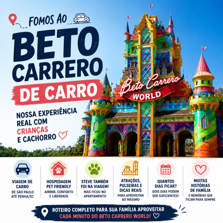 Capa do artigo sobre viagem ao Beto Carrero de carro com crianças e cachorro, com dicas sobre estrada, hospedagem pet friendly, atrações e experiência em família.