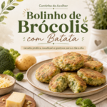 Bolinho de brócolis com batata e queijo em prato, com ingredientes ao redor, para receita prática e saudável do dia a dia.
