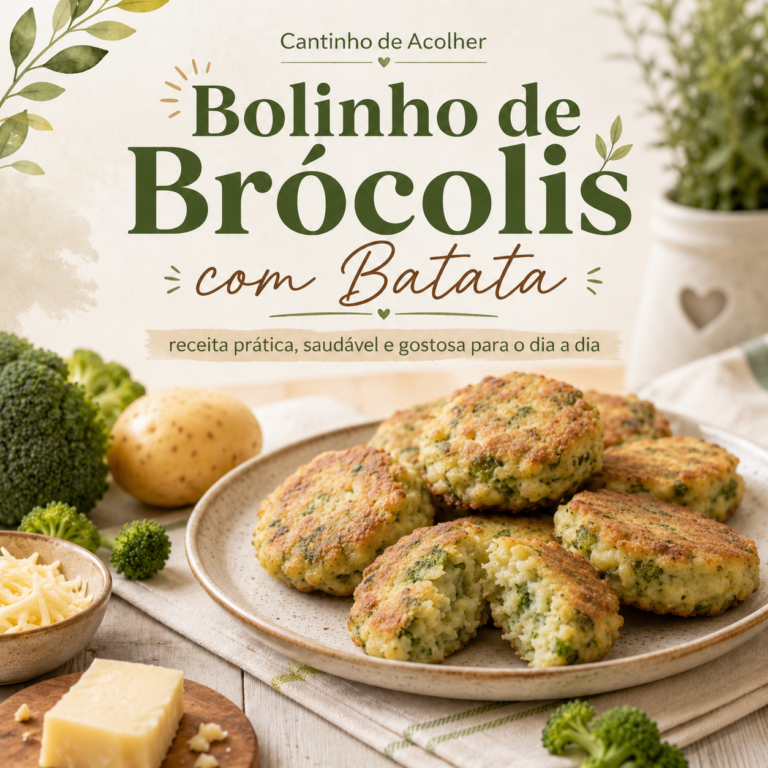 Bolinho de brócolis com batata e queijo em prato, com ingredientes ao redor, para receita prática e saudável do dia a dia.