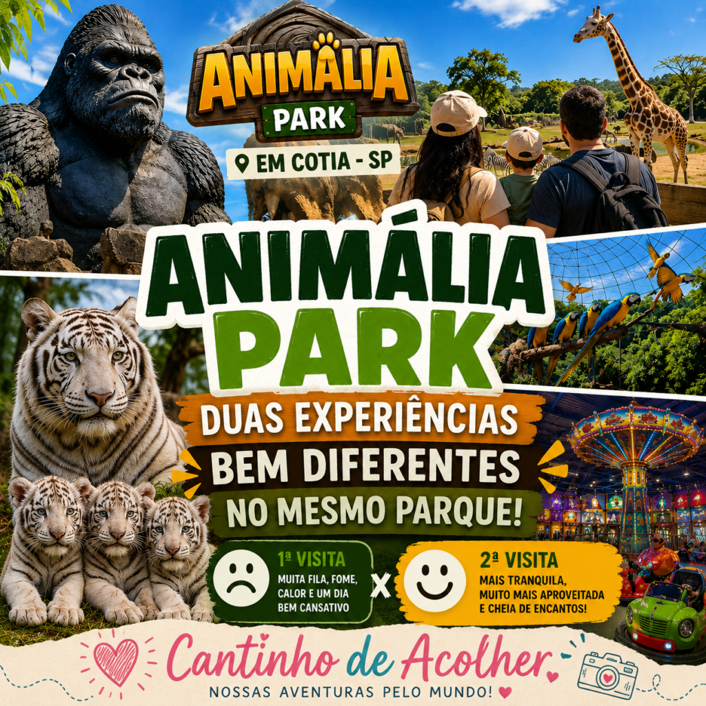 Artigo sobre o Animália Park em Cotia, mostrando duas experiências diferentes no mesmo parque, com animais, gorila gigante, tigres brancos, aviário e diversão em família.