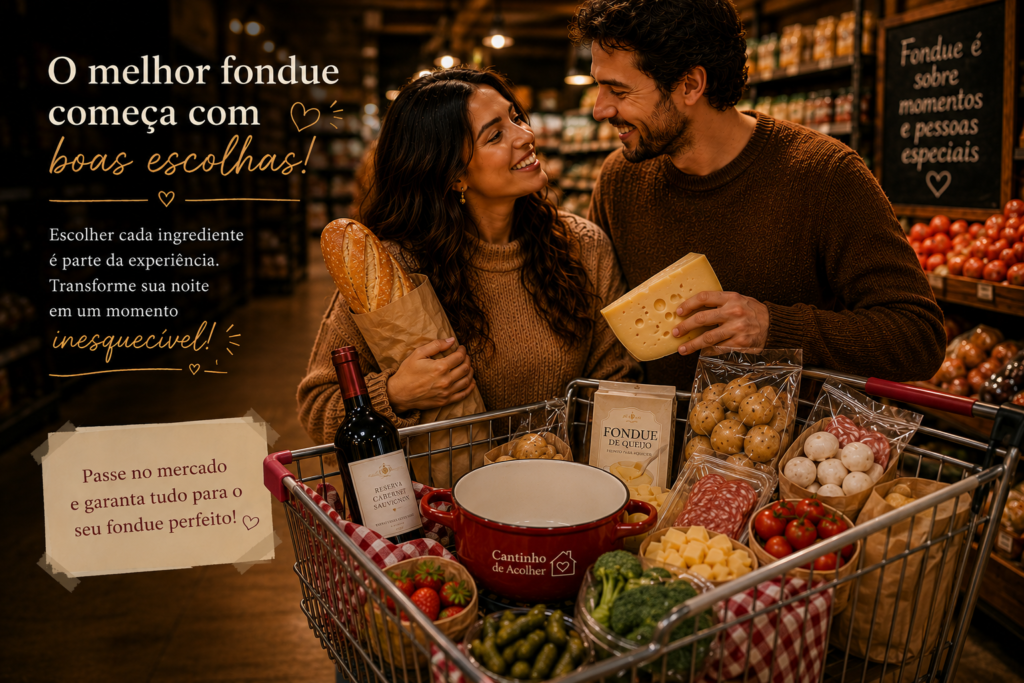 Casal comprando ingredientes para fondue no mercado, com pão italiano, queijo, frutas, vinho e acompanhamentos para uma noite romântica em casa.