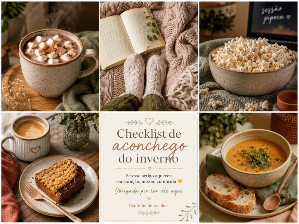 Arte do artigo Encantos do Inverno, com checklist de aconchego, chocolate quente, pipoca, livro com meias quentinhas, café com bolo, sopa com pão e mensagem de agradecimento do Cantinho de Acolher.