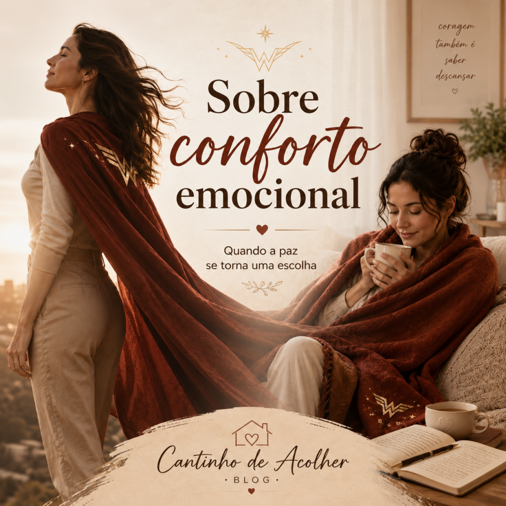 Imagem de capa do artigo sobre conforto emocional, com mulher usando uma capa como símbolo de força e acolhimento, representando paz, coragem e cuidado emocional.