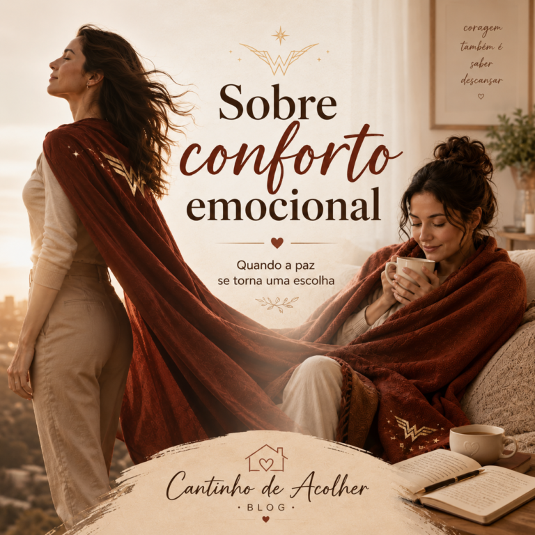 Imagem de capa do artigo sobre conforto emocional, com mulher usando uma capa como símbolo de força e acolhimento, representando paz, coragem e cuidado emocional.