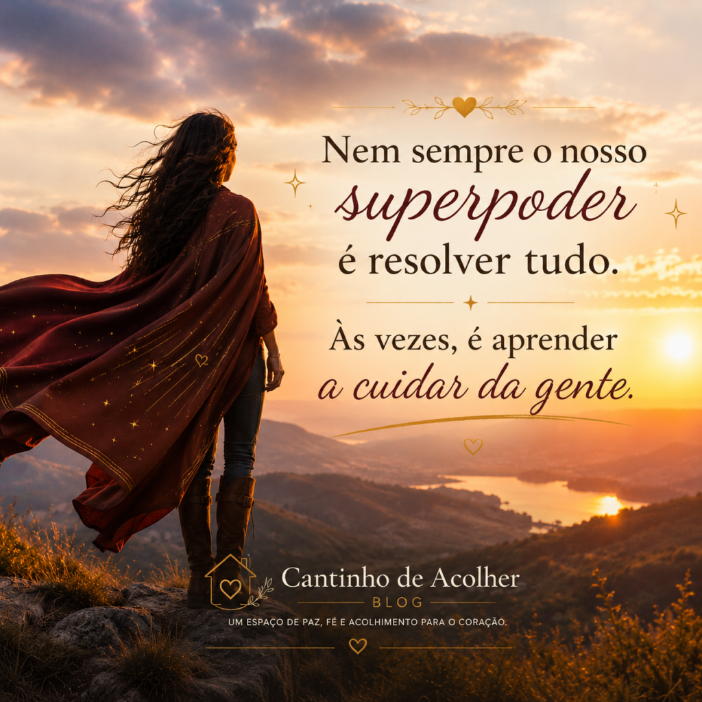Mulher de capa olhando uma paisagem ao pôr do sol com a frase sobre superpoder e autocuidado, representando conforto emocional, paz e cuidado consigo mesma.