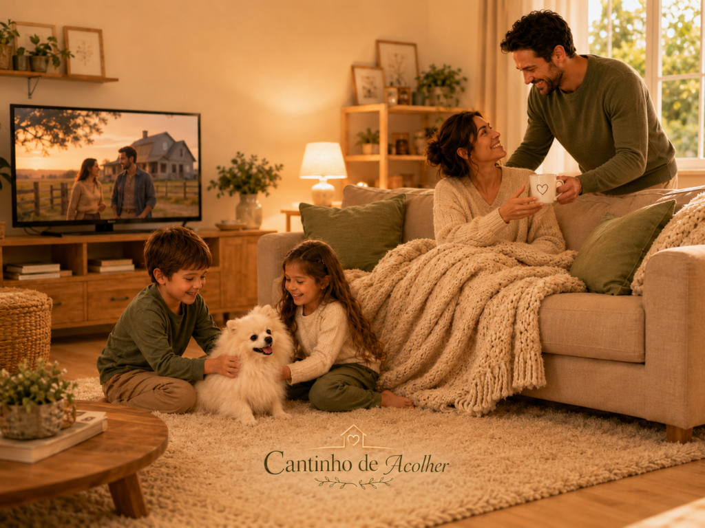Família em casa em um momento aconchegante, com casal no sofá, crianças brincando com cachorro e série passando na TV.