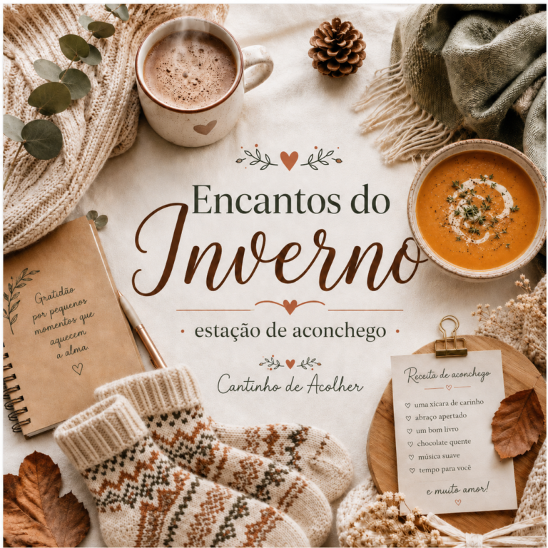 Capa do artigo Encantos do Inverno: estação de aconchego, com chocolate quente, sopa, meias de inverno, manta, caderno e detalhes aconchegantes do Cantinho de Acolher.