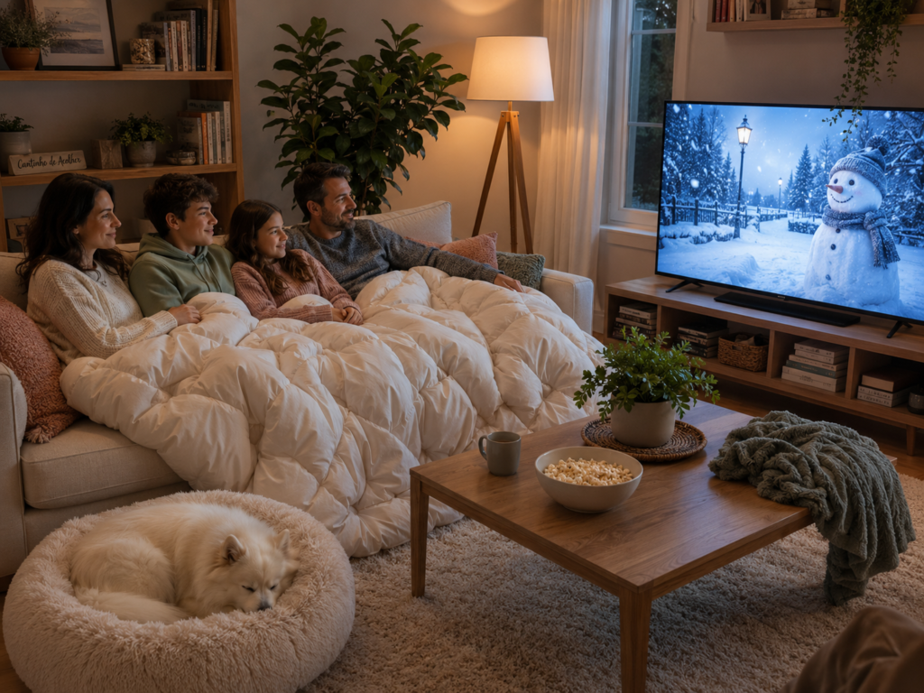 Família assistindo filme no inverno, aconchegada no sofá com edredom, cachorro Spitz branco em uma caminha fofa e cena de boneco de neve na TV.