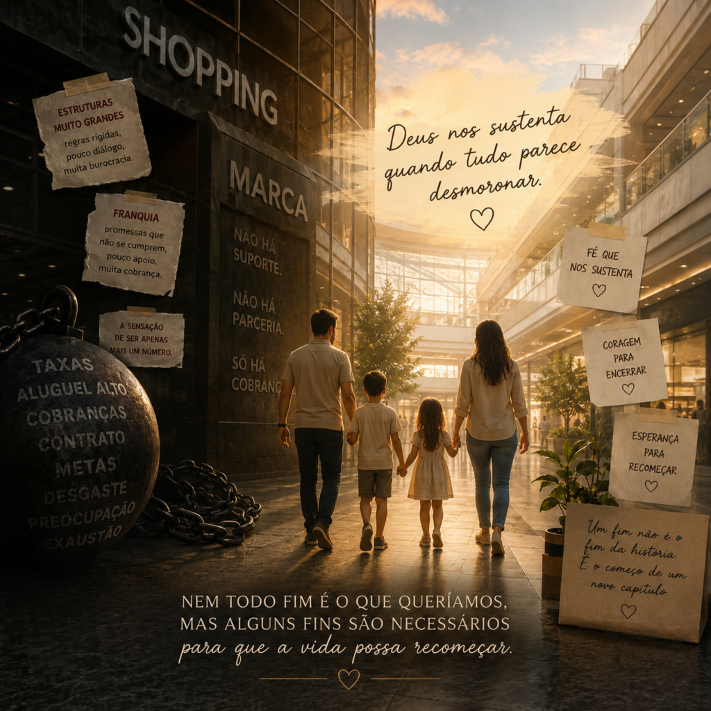 Arte final do artigo do blog Cantinho de Acolher sobre fechamento de um ciclo, mostrando uma família caminhando em um shopping entre desafios, fé, coragem e esperança para recomeçar.