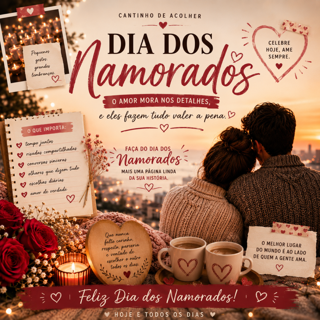 Dia dos Namorados com mensagem de amor para casal, clima romântico e acolhedor.