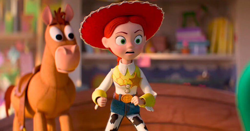 Jessie e seu cavalo em cena de Toy Story 5, filme da Disney Pixar sobre infância, tecnologia e nostalgia.
