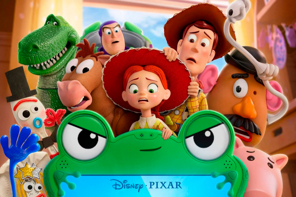 Personagens de Toy Story 5 reunidos em cena do filme da Disney Pixar, com Jessie, Woody, Buzz e outros brinquedos.