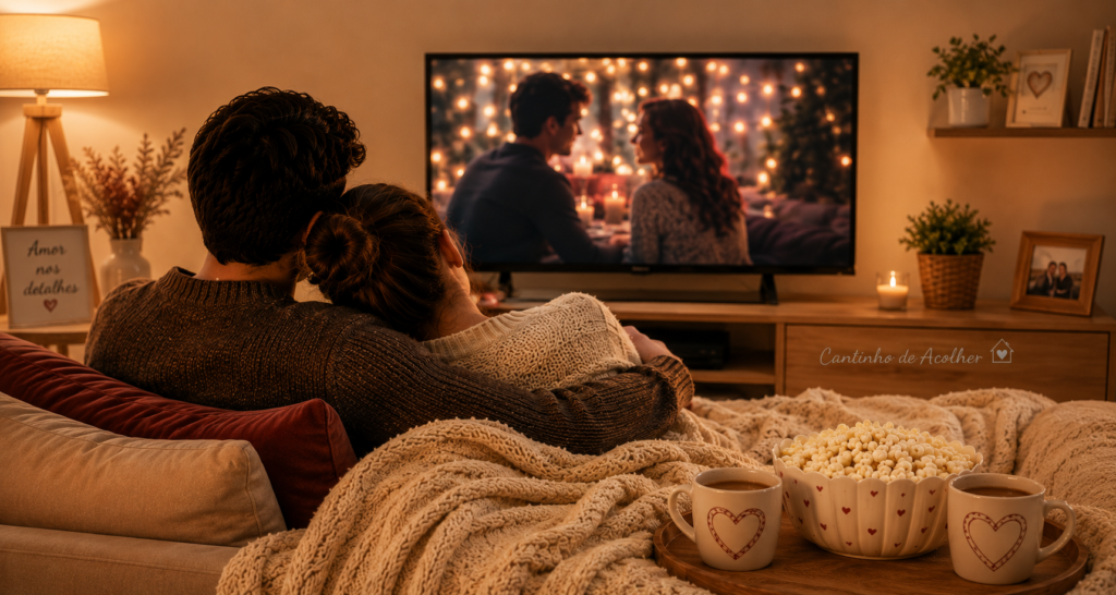Casal assistindo filme romântico em casa no Dia dos Namorados, com pipoca e xícaras em ambiente aconchegante.