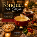Mesa de fondue em casa com panela vermelha de cerâmica, queijo derretido, pão italiano, frutas e acompanhamentos para uma noite romântica e acolhedora.