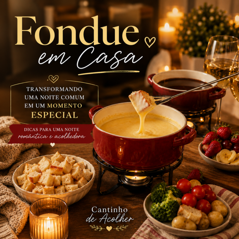Mesa de fondue em casa com panela vermelha de cerâmica, queijo derretido, pão italiano, frutas e acompanhamentos para uma noite romântica e acolhedora.