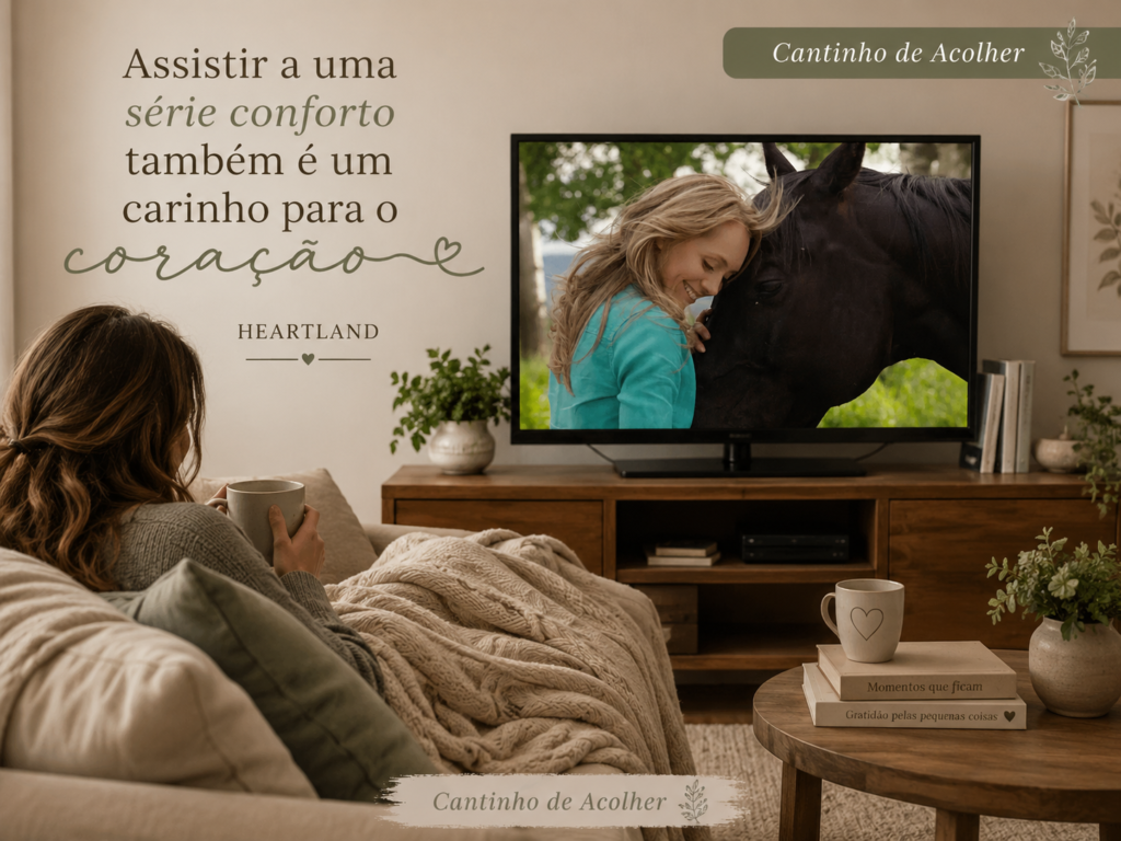 Sala aconchegante com TV exibindo cena de Heartland, representando a sensação de assistir uma série conforto.