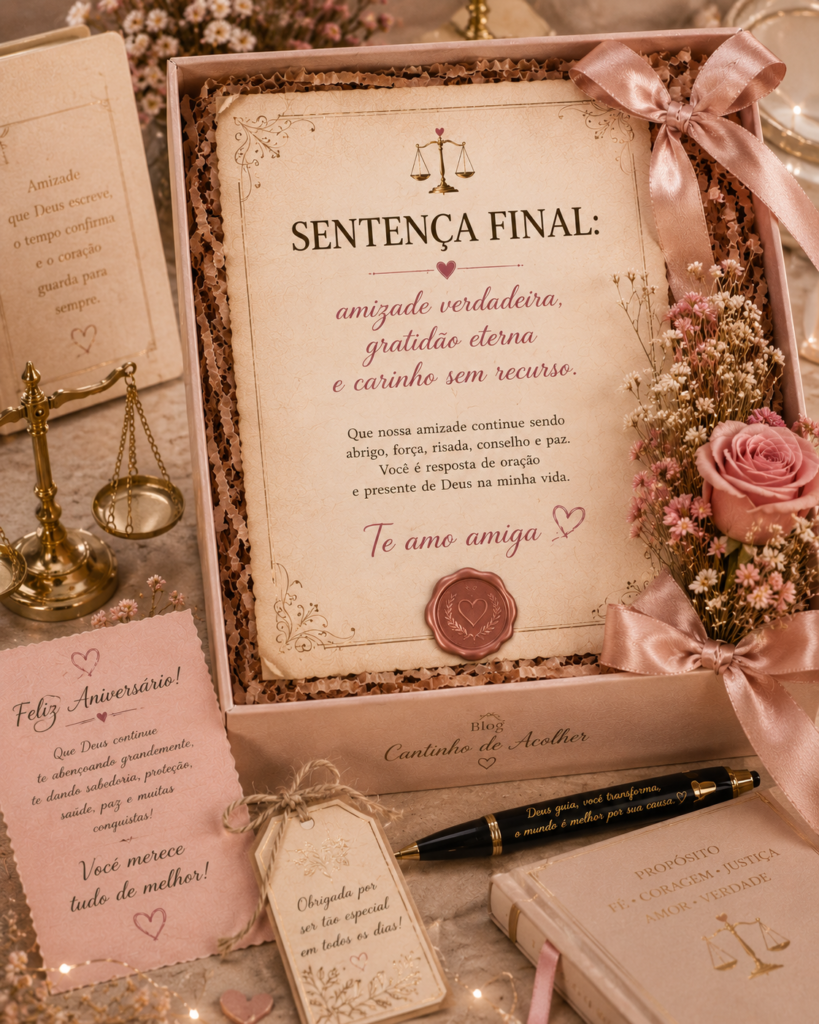 Caixa de presente com documento simbólico de sentença final, flores e balança da justiça, representando uma homenagem especial para uma amiga advogada.
