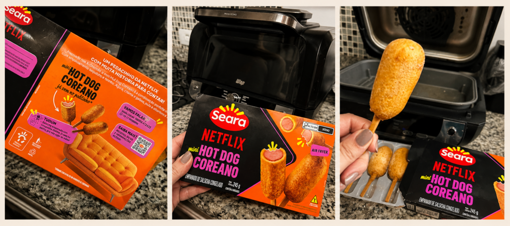 Montagem com fotos da embalagem do Hot Dog Coreano da Seara, preparo na air fryer e lanche pronto.