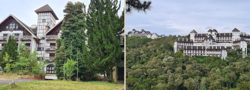 Hotel Mont Blanc abandonado em Campos do Jordão, visto de perto e de longe cercado pela natureza.