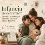 Mãe abraçando os filhos em um momento acolhedor, representando a infância acelerada e a importância de preservar a infância.