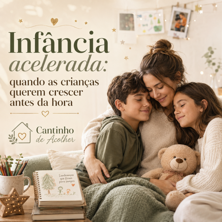 Mãe abraçando os filhos em um momento acolhedor, representando a infância acelerada e a importância de preservar a infância.