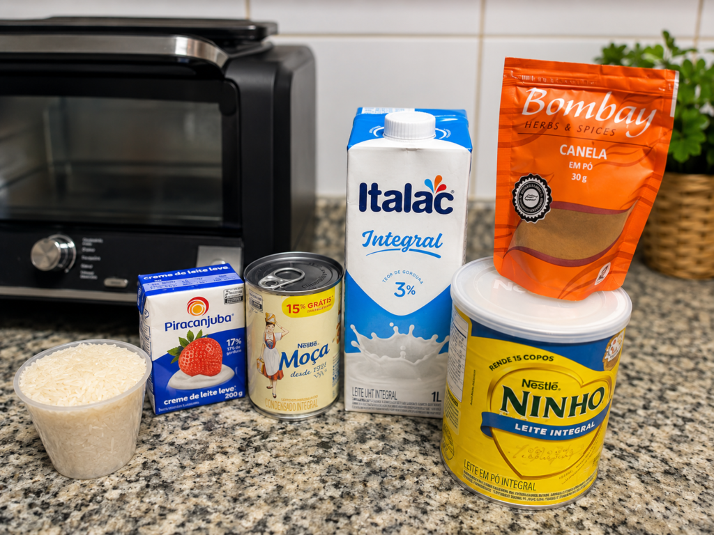 Ingredientes do arroz doce 4 leites, com arroz, leite integral, leite condensado, creme de leite, leite em pó e canela em pó sobre a bancada da cozinha.