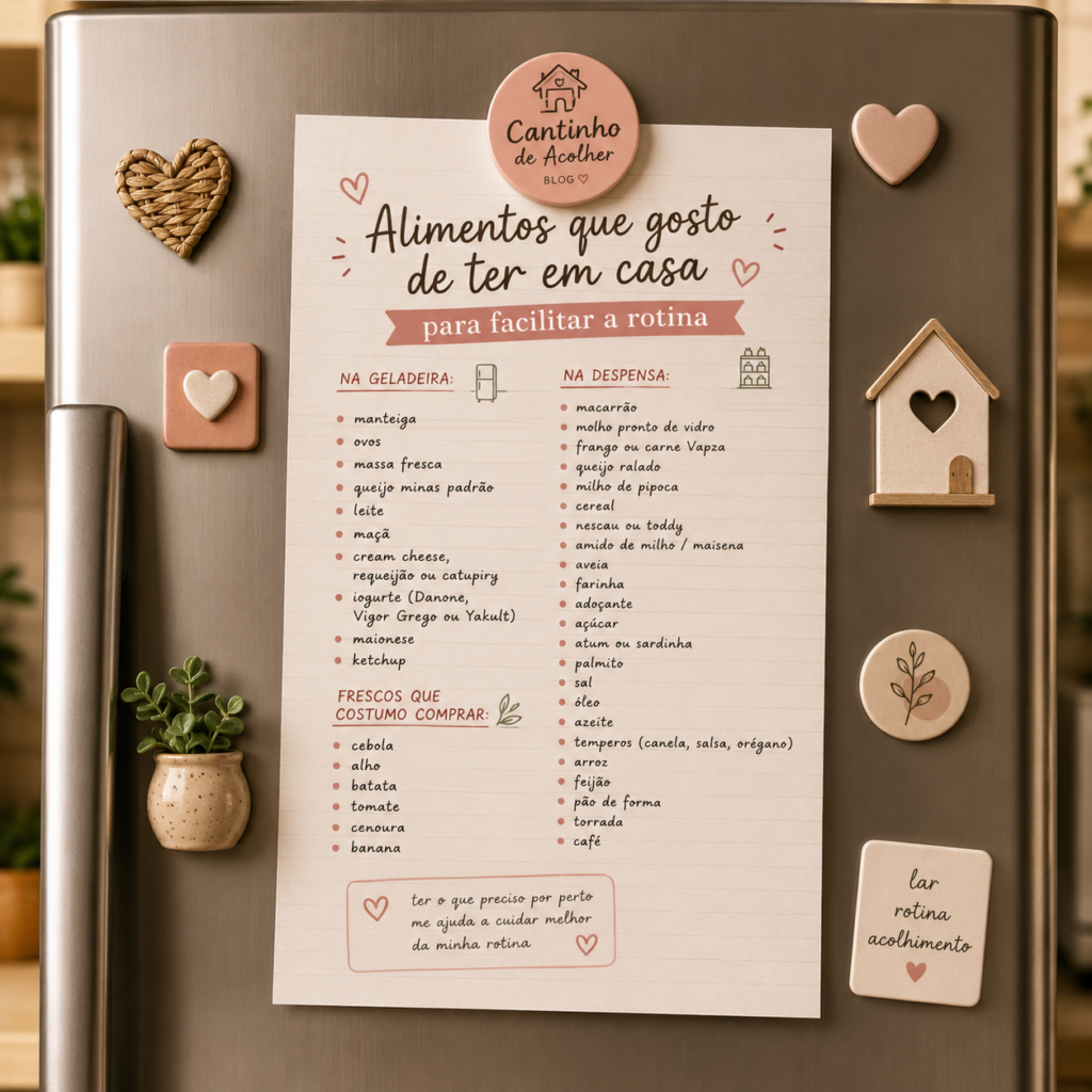 Lista de alimentos para ter em casa presa na porta da geladeira com ímã do Cantinho de Acolher.