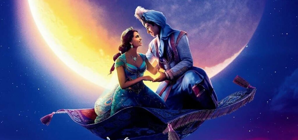 Aladdin e Jasmine no tapete mágico na cena de Um Mundo Ideal do live action Aladdin