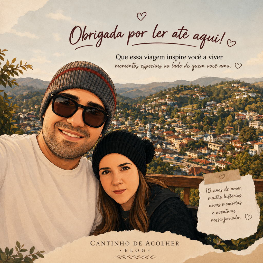 Arte do artigo sobre viagem de casal para Campos do Jordão, com casal em estilo ilustração e vista da cidade ao fundo.