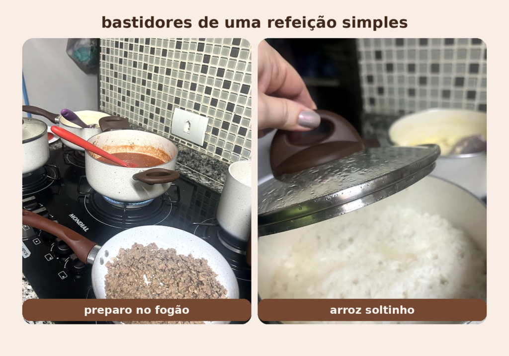 Bastidores da refeição rápida no fogão, com arroz pronto e preparo de carne moída e molho à bolonhesa.