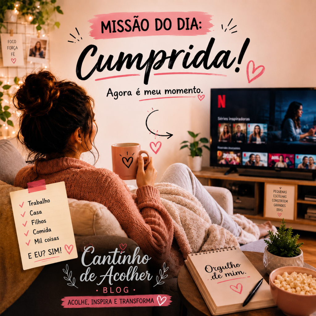 Mulher multitarefas descansando no sofá depois de cuidar da casa, trabalho e filhos, com mensagem de autocuidado e pausa na rotina.