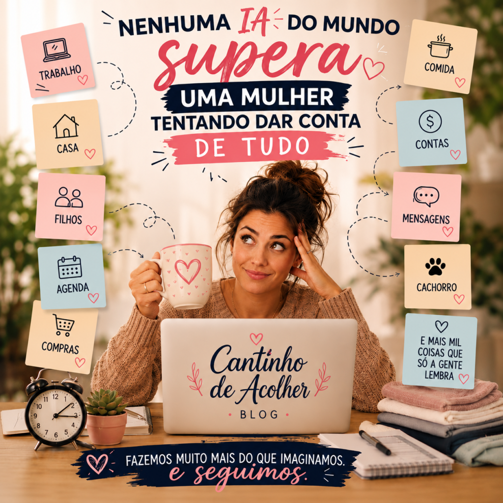 Mulher multitarefas tentando dar conta de tudo entre trabalho, casa, filhos, agenda, contas e rotina diária.