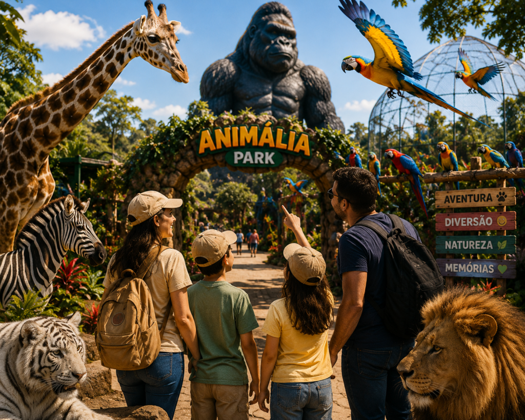 Família caminhando pelo Animália Park em Cotia, com animais ao redor, gorila gigante, girafa, tigres brancos e aves no cenário do parque.