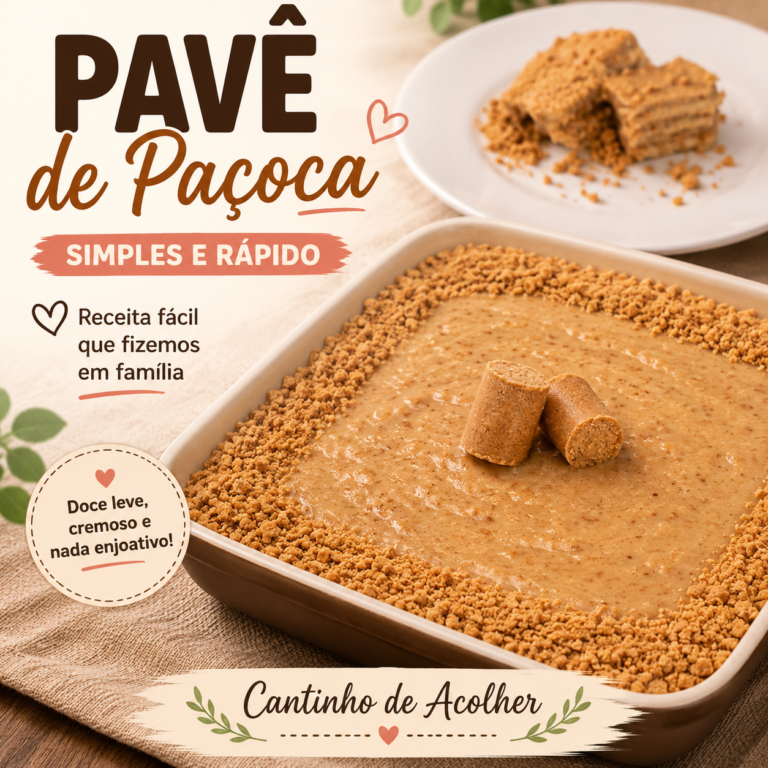 Pavê de paçoca simples e rápido em travessa decorada com paçoca, receita fácil do Cantinho de Acolher.
