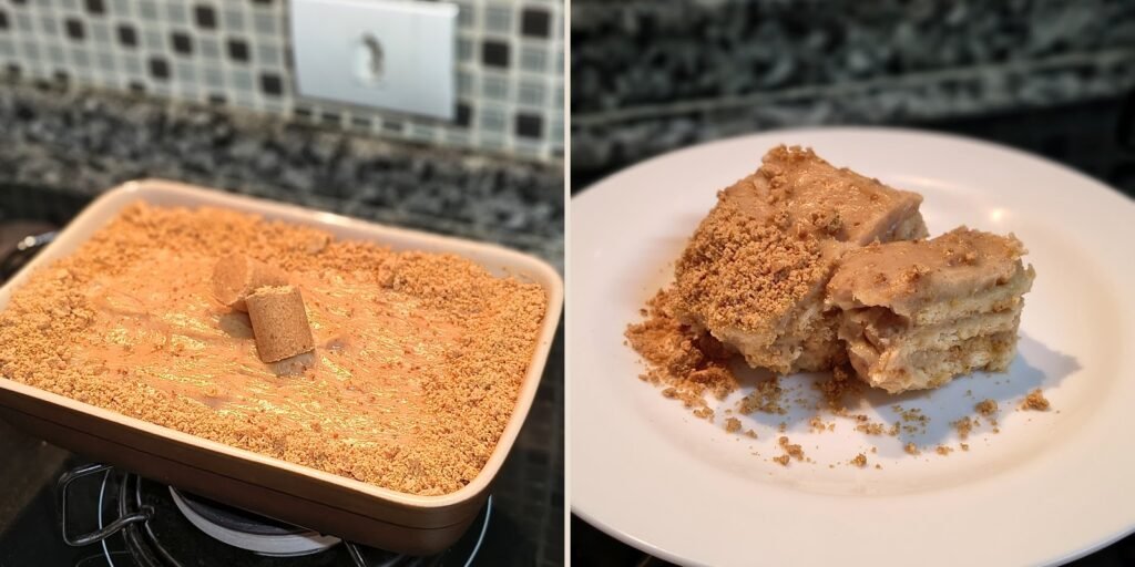Pavê de paçoca simples e rápido na travessa e servido em pedaços no prato, mostrando a textura cremosa da sobremesa.