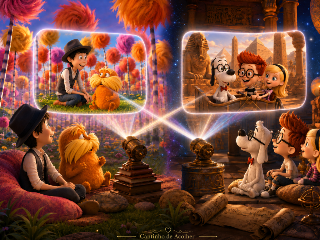 Arte lúdica com Peabody & Sherman e Lorax assistindo animações educativas sobre história, natureza e aprendizado para crianças.