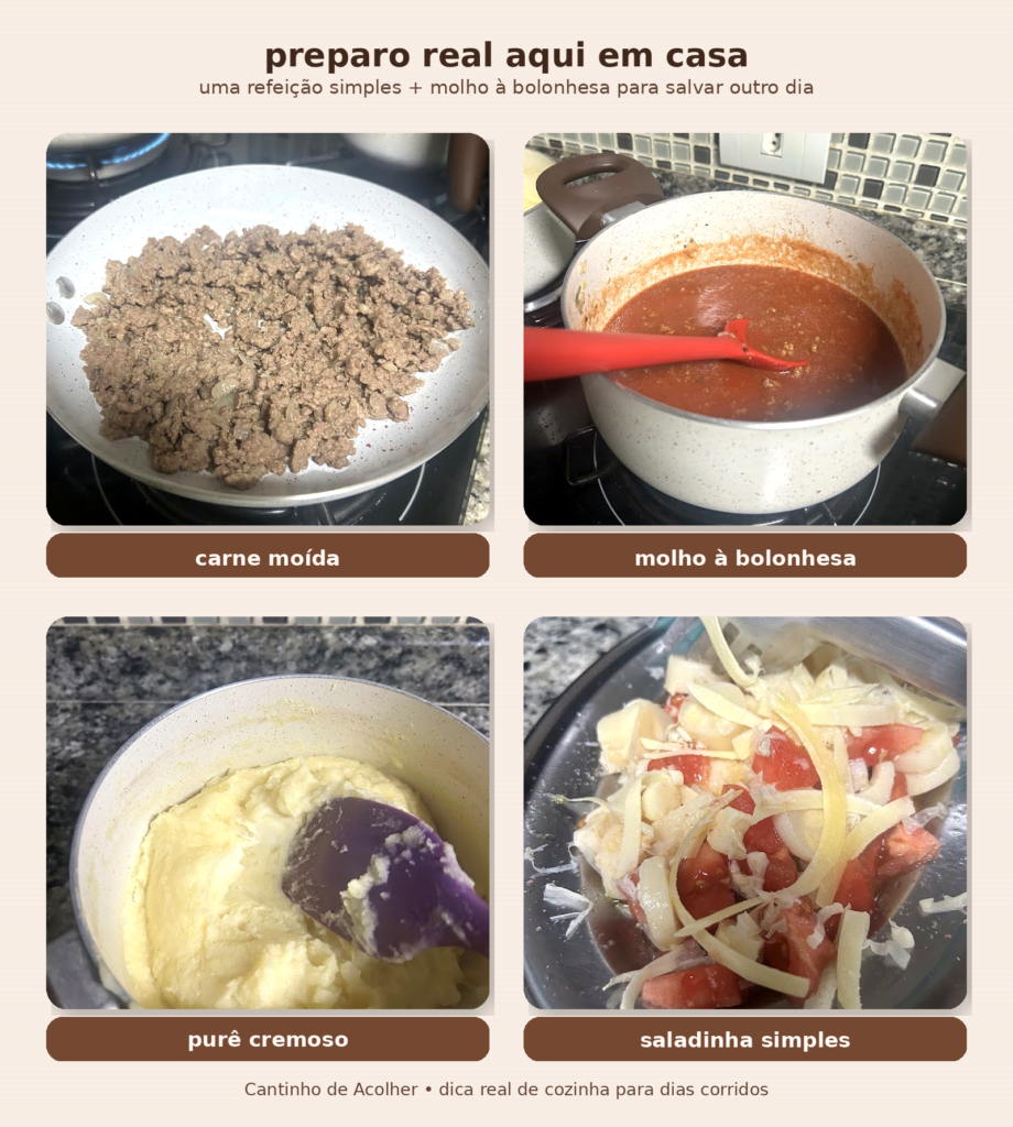 Montagem com o preparo real de carne moída, molho à bolonhesa, purê de batata e salada.