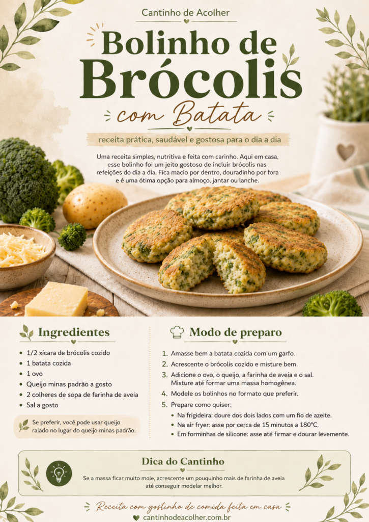 Infográfico com receita de bolinho de brócolis com batata e queijo, mostrando ingredientes, modo de preparo e dica para fazer no dia a dia.