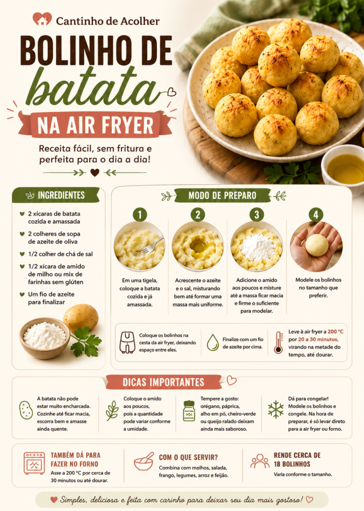 Infográfico da receita de bolinho de batata na air fryer, com ingredientes, modo de preparo, dicas e tempo de preparo.
