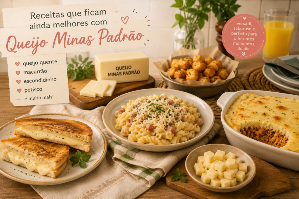 Receitas com queijo minas padrão em uma mesa posta, com queijo quente, macarrão, escondidinho e petiscos.