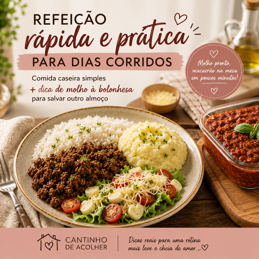 Refeição rápida com carne moída, purê de batata, arroz e salada para dias corridos