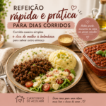Refeição rápida com carne moída, purê de batata, arroz e salada para dias corridos