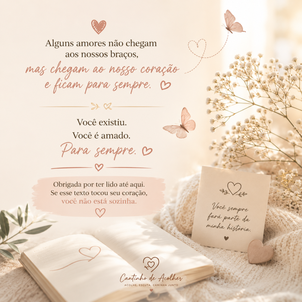 Arte de acolhimento materno com flores, caderno e mensagem de conforto para quem carrega uma saudade silenciosa no coração.